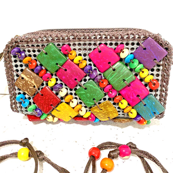 Boho Tribal Beaded Crossbody Bag Mini Purse Wallet Double Zippers Colorful Beads - Picture 2 of 9